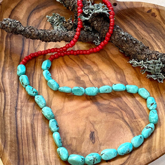 Turquoise beaded necklace with Red glass beads and sterling silver components