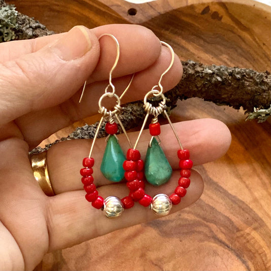 Turquoise and Red Glass Beaded Earrings