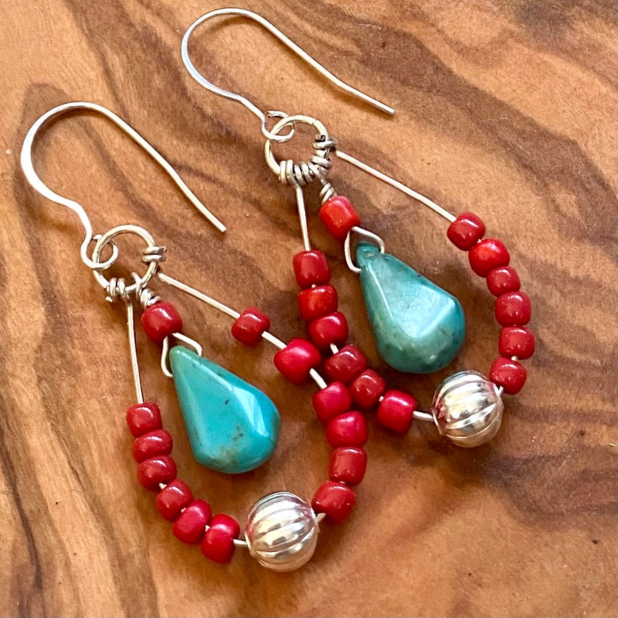 Turquoise and Red Glass Beaded Earrings