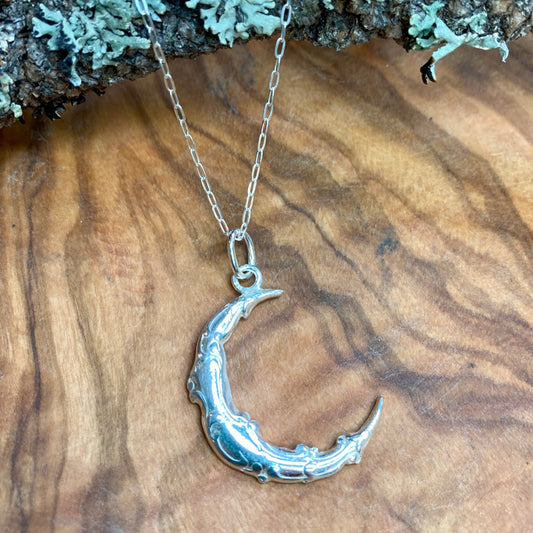 Art Nouveau Crescent Moon Pendant in Fine silver